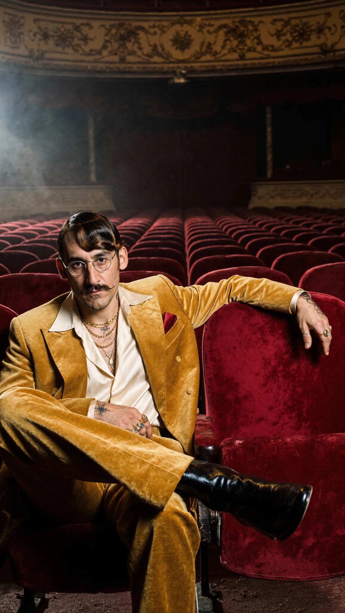 Nacho dans un théâtre de velours rouge